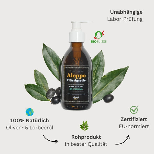 100ml Aleppo Flüssigseife - Für Haut & Haar - 12% Lorbeeröl